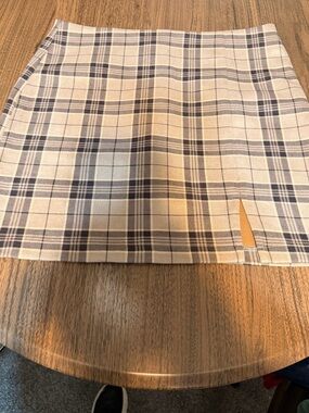 Windsor Cream and Navy Plaid Mini Skirt with Front Slit